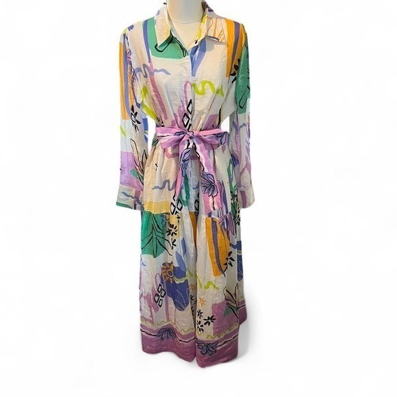 Chico's Dresses & Skirts - Chico's Multicolor Abstract Print Midi Dress Belted Long Sleeve Size 2 US 12